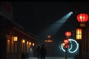 《长夜灯塔》剧照，夜间码头被灯塔光束划开